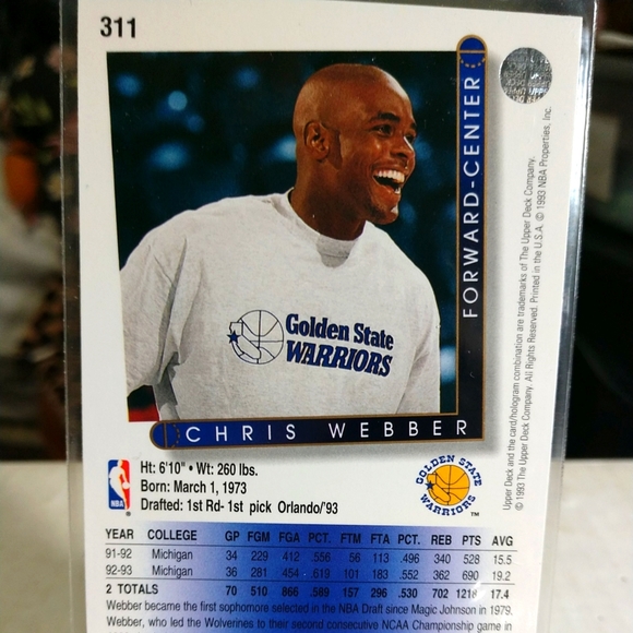 1993 Upper Deck Chris Webber ROOKIE Card/Hologram # 311 - Picture 2 of 6